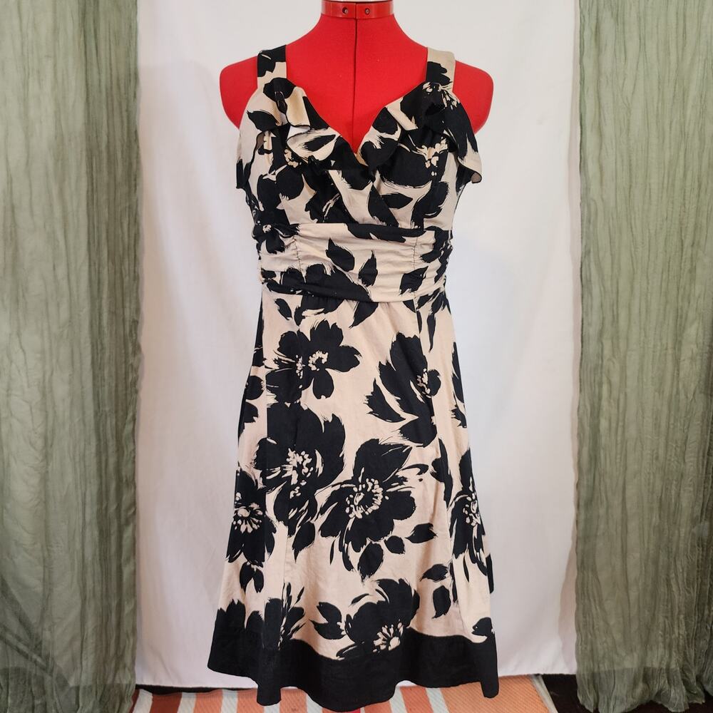 Perception New York Black Brown Fit n Flare White Trap Sleeveless Dress Size 8